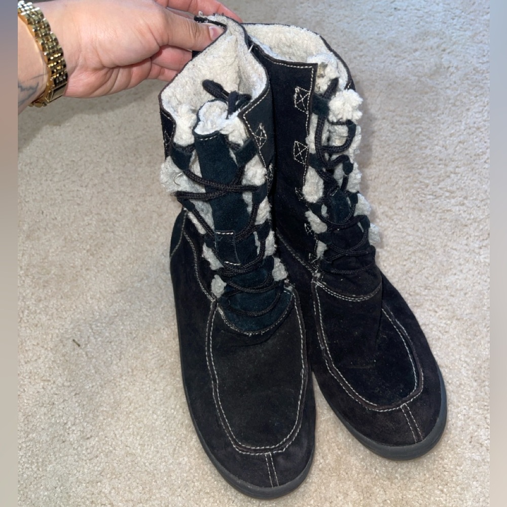 Black Suede Moccasin Lace-Up Boots with White Sherpa Lining
